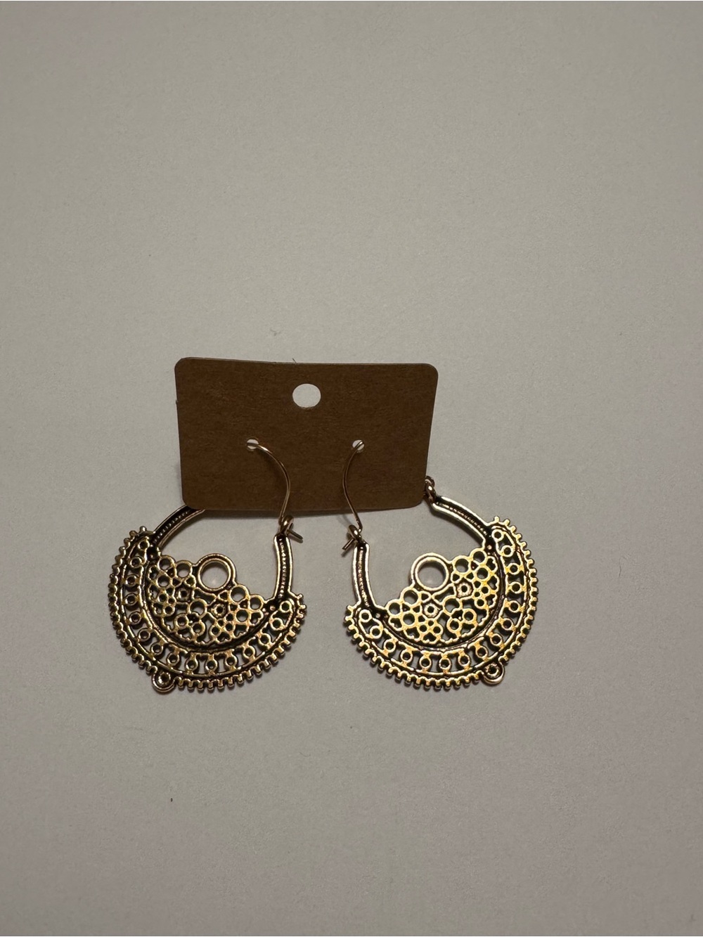 Gold Bronze Filigree Crescent Boho Hoop Earrings